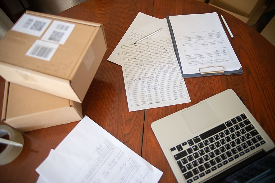 Logistics office with shipping paperwork