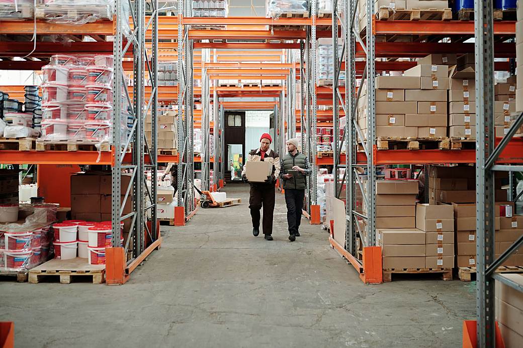Boxes and goods on shelves in a warehouse